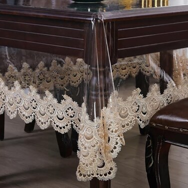Qubjus Clear Plastic Tablecloth Waterproof Rectangle Vinyl Table Cloth with Embroidered Lace Table Cover for Dining Kitchen Buffet Banquet Parties51x70 inch Champagne2