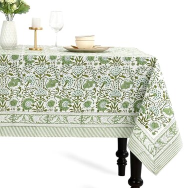 CPC COTTON PRINT CLUB CPC Block Print Tablecloth Agate Green 120x80 Rectangular 100 Cotton Reusable Table Cover Everyday Decorative Table Cloth Use for Dining Farmhouse Home Gift for SpringSummer