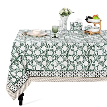 Ridhi Turquoise Moss Green Hand Block Print Cotton Rectangle Tablecloth 120 x 80 inches Reusable Table Cover Decorative Everyday Use for Dining Room Farmhouse Home Gift for Spring Mothers Day