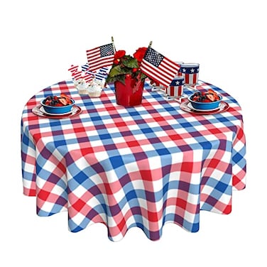SuQKXCo 4th of July Round Tablecloth 60 inch Patriotic Memorial Day Tablecloths Independence Day Red White and Blue Checkered Table Covers for Kitchen Party Decoration