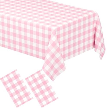 WNINK 2 Pack Pink Gingham Tablecloth Rectangular Pink and White Checkered Tablecloths Disposable Plastic Pink Plaid Table Cover for Parties Outdoor Picnic Birthday Wedding Camping 54 108 Inch