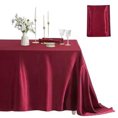 Counfeisly 1 Pack Satin Table Cover Rectangle Silkly Soft Table Cloth Satin Dining Table Cloths for Wedding Banquet Table Decoration Dining Room Indoor and Outdoor Use 60 x 120 Inches Burgundy