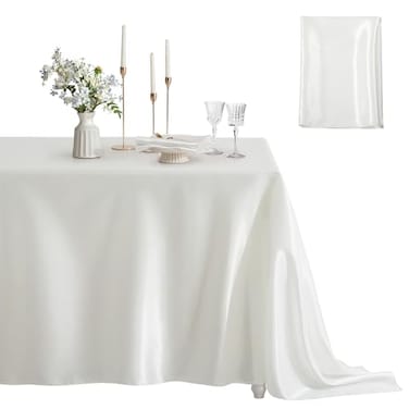Counfeisly 1 Pack Square Satin Table Cover Silkly Soft Table Cloth Satin Dining Table Cloths for Wedding Banquet Table Decoration Dining Room Indoor and Outdoor Use 52 x 52 Inches Off White