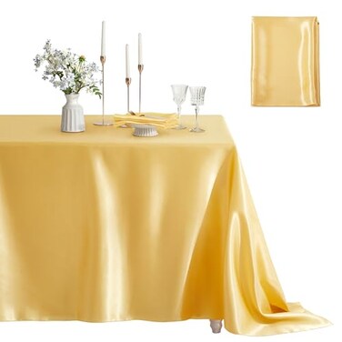 Counfeisly 1 Pack Square Satin Table Cover Silkly Soft Table Cloth Satin Dining Table Cloths for Wedding Banquet Table Decoration Dining Room Indoor and Outdoor Use 52 x 52 Inches Gold