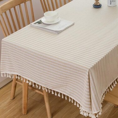 TruDelve Rectangular Tablecloth Beige Striped Cloth Tablecloths with Tassels Rustic Fall Table Cloth Rectangle Table Cover Beige70x55Rectangular