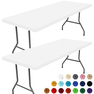 Moosfor Spandex 6 Foot Rectangle Table Cloth 2 Pack Elastic Fitted Tablecloths for Picnic Stretch Washable Patio Table Cover for Outdoor Camping Banquet and Parties White 30x72
