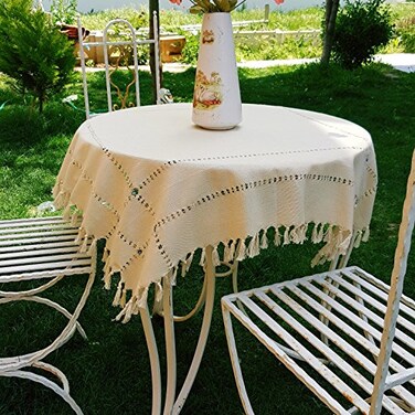 Secret Sea Collection Handmade Cotton Tablecloth with Evil Eye Beads Boho Chic Washable Durable 36x36 Beige