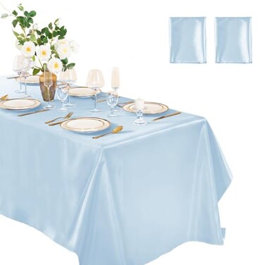 Horbaunal 2 Pack Light Blue Satin Tablecloth 60 x 102 Inches Rectangle Satin Table Cover Bright Silky TableCloths Smooth Table Decoration for Wedding Party Banquet