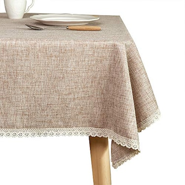 GLORY SEASON Linen Rustic Burlap Washable TableclothSolid Heavy Weight Tan 55 x 70 Rectangle Overlay Lace Edge Table Cover for Kitchen Dinning Decoration