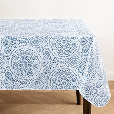 Elrene Home Fashions Savannah Boho Paisley Water and StainResistant Vinyl Tablecloth with Flannel Backing 60 Inches X 102 Inches Rectangle Blue