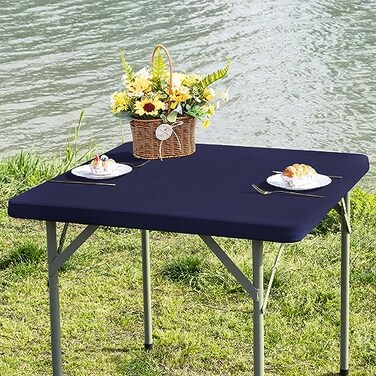Nacuci Square Fitted Table Cover Elastic Tablecloth Stretch Spandex Table Top Cover Table Topper Cap for Dining Kitchen Home Party Navy 34X34 Inch