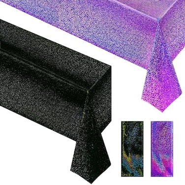 Just Shimmer 2 Pcs Black Purple Holographic Laser Tablecloths Iridescence Shiny Table Covers 40 x 108 Halloween Decorations Space Plastic Table Cloths for Birthday Party Wedding Events Supplies