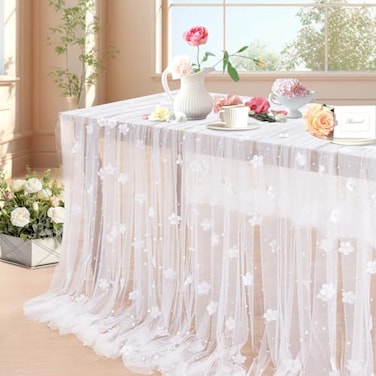 LuoluoHouse White Pearl Tulle Tablecloth 10ft Flower Pearl Table Runner Tulle Fabric Wedding Lace Tablecloth Arch for Bridal Shower Veil Baby Shower Sweetheart Table Decorations