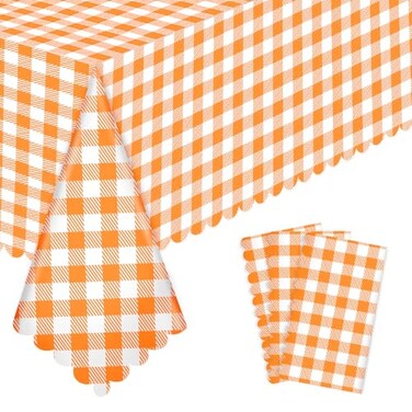 NatNarr 3 Pack Orange Gingham Tablecloth 54 X 108Inch Plastic Orange Checkered Table Cloth Disposable Scalloped Tablecloths Waterproof Plaid Table Cover for Picnic Wedding Birthday Outdoors Party