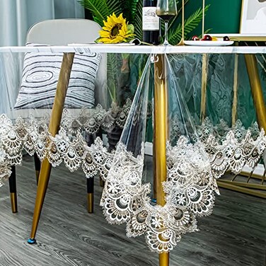 Jeloris Plastic Clear Rectangle Tablecloth Vinyl PVC Waterproof Tablecloth Embroidered Lace Edge Transparent Table Cover for Kitchen Dining Coffee Table 60x78 inch Khaki Fan