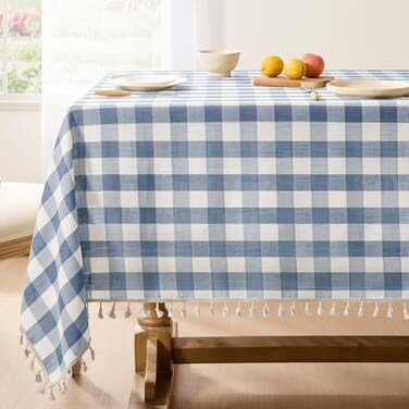 Softalker Checkered Tablecloth Rectangle Outdoor Linen Cotton Gingham Table Cloth with Tassel Heavy Duty Wrinkle Free Buffalo Plaid Table Cover for Kitchen Dining Summer Party 55 x 84 Inch Blue