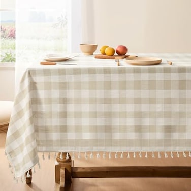 Softalker Checkered Tablecloth Rectangle Outdoor Linen Cotton Gingham Table Cloth with Tassel Heavy Duty Wrinkle Free Buffalo Plaid Table Cover for Kitchen Dining Summer Party 55 x 84 Inch Beige