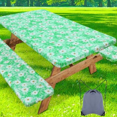 misaya Picnic Table Cover with Bench Cover Waterproof Elastic Fitted Tablecloth for 6 Foot Tables Rectangle Washable Polyester Tablecloths for Picnic Camping Outdoor Green Daisy 30 x 72