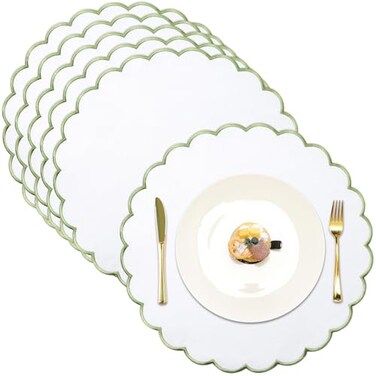 Gandeer Set of 6 Round Placemats 15 Inch Cotton Scalloped Embroidery Placemat Washable Double Layered Rustic Dinner Table Mat Decor Fabric for Hotel Restaurant KitchenWhiteGreenClassic