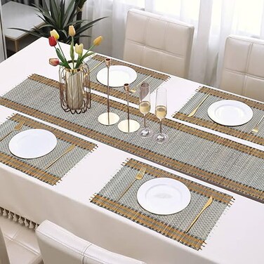 SHILP KATHA Handmade River Grass Dining Table Mats Set of 4 with Runner Heat Resistant Reversible Placemats Zero Plastic Natural Madurkathi Eco Friendly Rustic Dcor 4 Mats and Runner Blissful