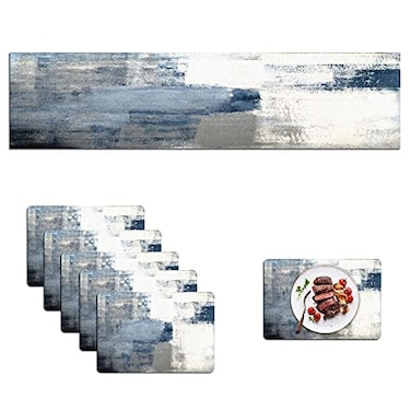 Mcalk Dusty Blue Table Runner and Placemats Set of 6 Pieces Pink Flower Placemats Modern ArtAbstract Art Cloth Place Mats Indoor for KitchenWashable Placemats Linen Material for Dining Table