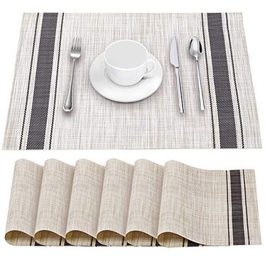 YOSICHY Table Mats Set of 6 Crossweave Woven Vinyl Placemats Heat Resistant NonSlip Kitchen Placemats for Dining Table Washable Easy to CleanGrey