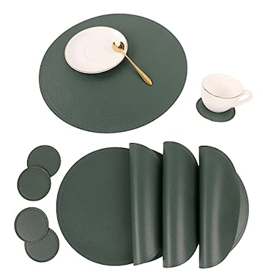 Jovono Set of 6 Faux Leather Round Placemats and Coasters Disko Table Mats and Drink Spills Coasters Easy to Clean Double Stitched for Kitchen Dining Table Diameter 13 and 39