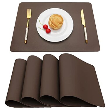 Vinjiasin Placemats Set of 4 Brown Leather Place Mats for Indoor Outdoor Kitchen Dining Table Mats Fall Waterproof Wipeable Easy to Clean Heat Resistant Sturdy Reversible