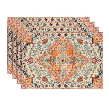 Artoid Mode Boho Placemats Set of 4 Daily Orange Teal Flowes Bohemia Table Mats for Home Party Dining Decoration 12x18 Inch