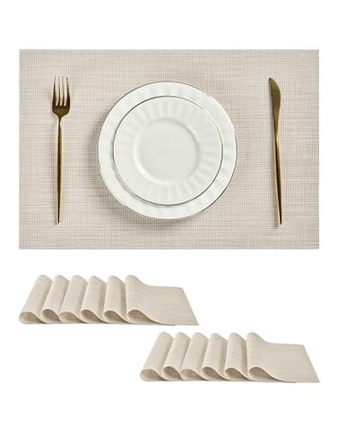 Leetaltree Beige White Placemats Set of 12 Heat Resistant NonSlip Place mats for Dining Table Washable Durable PVC Vinyl Woven Table MatsBeige White 12