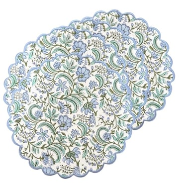 Ridhi Columbia Blue Turquoise Green Boho Round Place Mat Easter Floral Cotton Washable Placemats 15 Round Embroidery Block Print Table Mat Pack of 415 Inch Round