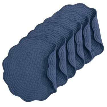 HOMBYS Quilted Placemats Set of 6 Washable Round Placemats for Kitchen Table100 Cotton Fabric 14 Inch Round Table Mats Cotton Fabric with Microfiber Filling 14x14 Sapphire Blue
