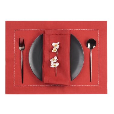D'Moksha Homes DMoksha Homes Linen Placemats Set of 4 Classic Hemstitch Bright Red Placemats 14 x 19 Inch 100 Pure Linen Table Mats for Summer Fathers Day Handcrafted and Machine Washable