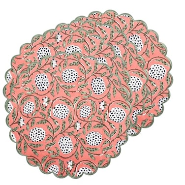 Ridhi Dark Salmon Boho Round Place Mat Double Layer Floral Cotton Washable Placemats 15 Round Embroidery Block Print Table Mat Pack of 415 Inch Round
