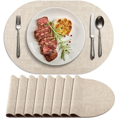 BARTHKIT Placemats for Dining Table Set of 8 NonSlip Heat Resistant Oval Leather Placemat Double Layer Waterproof Table Mats Easy to Clean for Kitchen Dining Room Coffee Office Table Beige