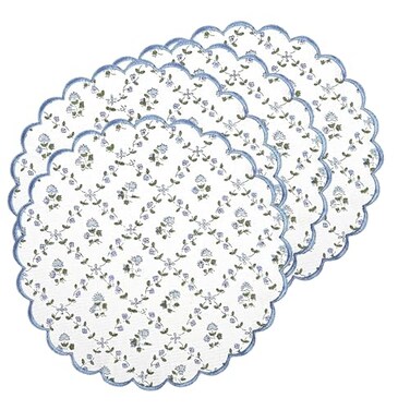 Ridhi Powder Blue Boho Round Place Mat Double Layer Floral Cotton Washable Placemats 15 Round Embroidery Block Print Table Mat Pack of 415 Inch Round