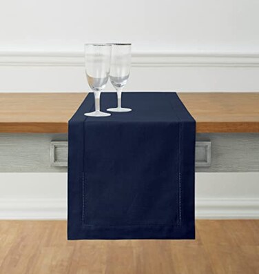 Solino Home Navy Blue Table Runner 108 Inches Long Cotton Linen Hemstitch 14 x 108 Inch Table Runner for Dining Summer 4th of July