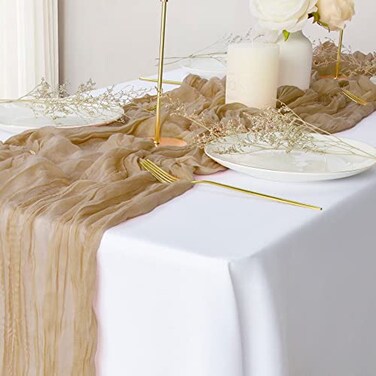 eQFeast 2 Pack Sand Cheesecloth Table Runners 10Ft Gauze Table Runner Rustic Wedding Cheese Cloths Decor for Bridal Baby Shower Birthday Party Thanksgiving Cake Table Decorations