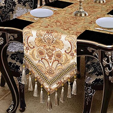 Grelucgo Super Long Luxury Jacquard Damask Floral Damask Table Runners with MultiTassels 12x156 inch