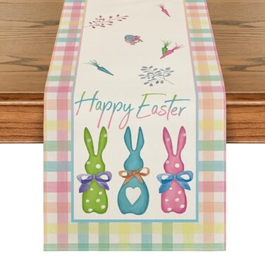 Artoid Mode Green Blue Pink Buffalo Plaid Bunny Happy Easter Table Runner Spring Kitchen Dining Table Decoration for Home Party Decor 13x72 Inch