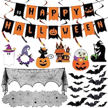 Partyprops Halloween Decorations Indoor Set Halloween Festive Decor Happy Halloween Banner Hanging Swirls Spider Web Table Runner Mantel Scarf 3D Bat Sticker for Spooky Haunted House Home Kitchen Deco