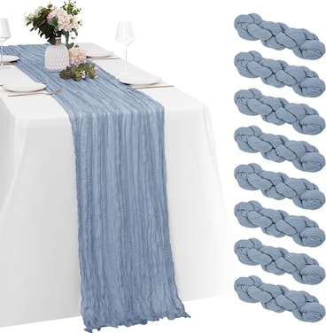 Yorcari 8 Pack Dusty Blue Cheesecloth Table Runners 20x120 Inch Gauze Table Runner Cheese Cloth 10FT Blue Table Runner Rustic Sheer Runner for Wedding Baby Shower Birthday Party Table Decor