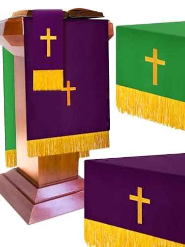 Cutecrop Set of 3 Reversible Parament Set Clergy Table Runner Bookmark Pulpit Scarf with Gold Cross Church Pulpit Accessories for Christian Pentecost GiftGreen and Purple