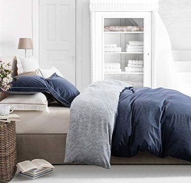 SLEEPBELLA Duvet Cover Queen Size 600 Thread Count Cotton Navy Grey Printed with Luxurious Blue Leaves Pattern Reversible Botanical Comforter Cover Sets Bedding Set 3Pcs Queen NavyBlue Leaves