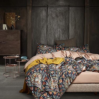Cupocupa King Duvet Cover Set 3pc Dark Navy Paisley Boho Bedding Luxury Art Deco Floral Botanical Print Soft Microfiber Reversible Quilt Cover with Pillowcases King 104x90