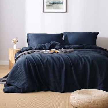 S VICTORY SYMBOL 100 Organic Linen Duvet Cover Set Queen SizeNatural French Linen Bedding Set with Stone WashedComforter Cover with Button ClosureNavy SoftBreathable