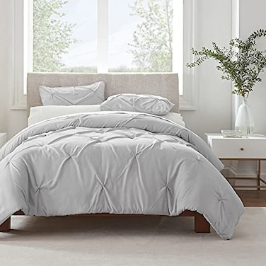 SERTA Simply Clean Ultra Soft 3 Piece Hypoallergenic Stain Resistant Pleated Duvet Cover Set FullQueen Grey