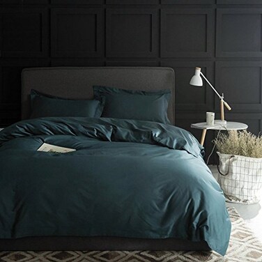 Eikei Solid Color Egyptian Cotton Duvet Cover Luxury Bedding Set High Thread Count Long Staple Sateen Weave Silky Soft Breathable Pima Quality Bed Linen Pine Green Queen
