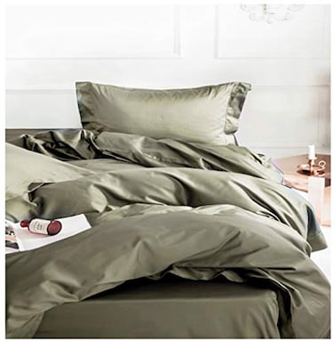 Eikei Solid Color Egyptian Cotton Duvet Cover Luxury Bedding Set High Thread Count Long Staple Sateen Weave Silky Soft Breathable Pima Quality Bed Linen Olive Queen