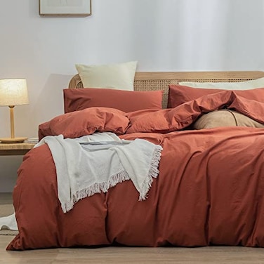 BESTOUCH Duvet Cover Set 100 Washed Cotton Linen Feel Super Soft Comfortable Chic Lightweight 3 PCs Home Bedding Set Crimson Red King